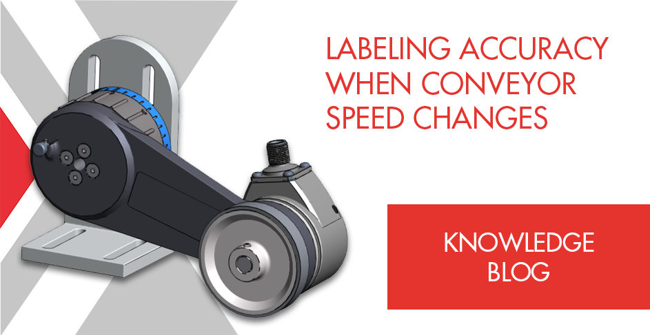 Title graphic showing a rotary encoder with measuring wheel and bracket for mounting on the conveyor and the title "Labeling accuracy when conveyor speed changes".